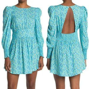AFRM Floral Long Sleeve Cutout Smocked Mini Dress